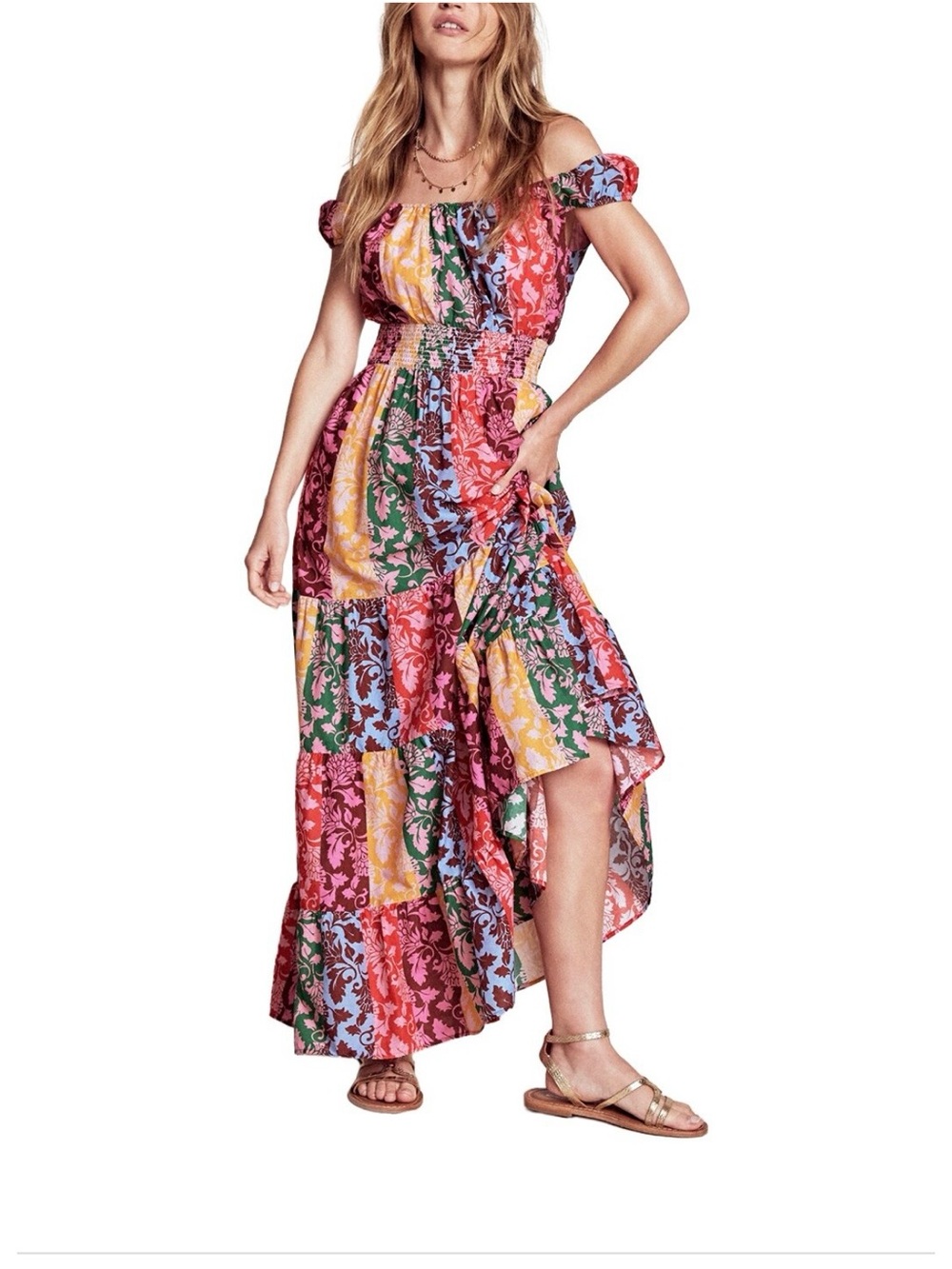 Boden Off-Shoulder Multi-Color Patchwork Maxi Dress